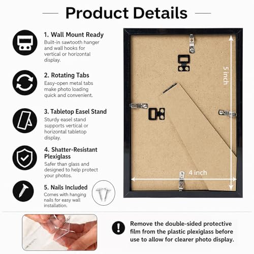 JCJMY 4x5 Picture Frame for Wall or Tabletop, Wall Hanging Horizontally or Vertically, 4 x 5 Wall Gallery Poster Photo Frame with Shatter Resistant Plexiglass, Black - color: Black, size: 4x5 inch