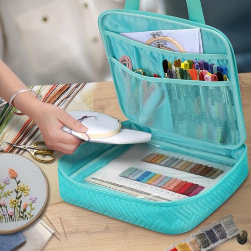 FINPAC Embroidery Bag, Cross Stitch Storage, Square Quilted Tote Organizer - color: Teal