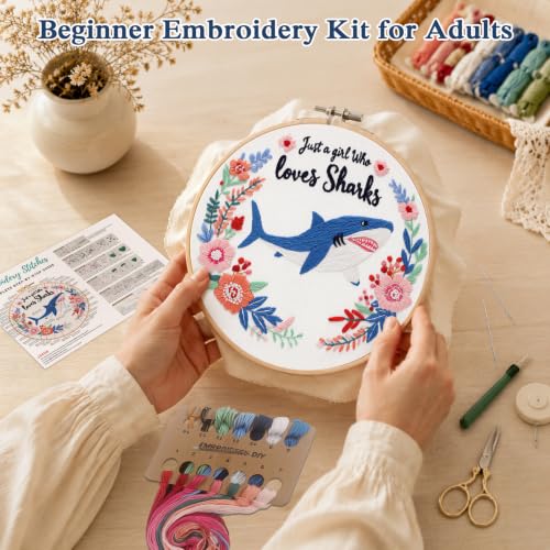 Louise Maelys Cartoon Shark Embroidery Kit for Beginners, DIY Stitching - color: Cartoon Shark