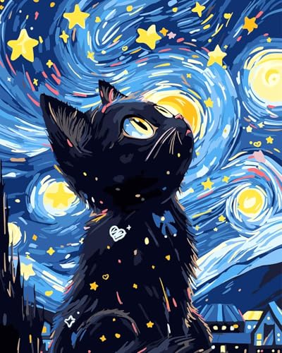 Eiazuiks Stamping Cross Stitch Kit, Starry Sky Cat Counting Cross Stitch Kit for Adult Beginners, Full Line DIY Stitching Kit for Home Decor Cross Stitch Patterns 12x16 inches - color: ZX036