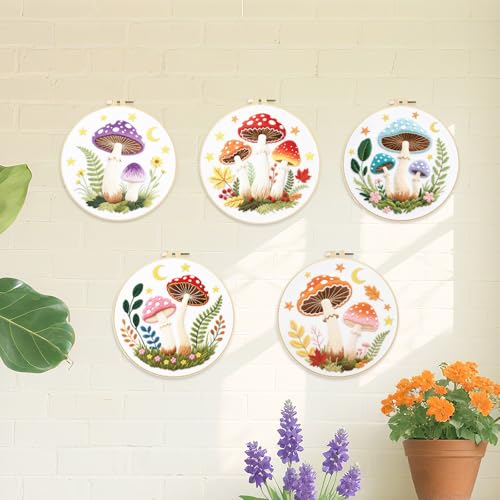 ORIGACH 5 Pack Mushroom & Plants Embroidery Kit for Beginners - style: Mushroom & Plants