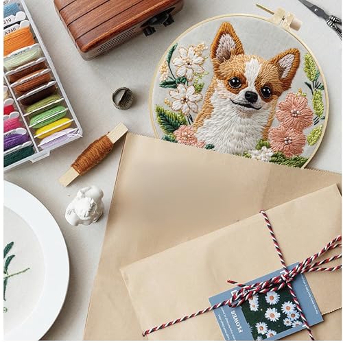 HCANPER Cute Dog Embroidery Starter Kit,DIY Needle Punch Kit, Punch Needle Kits for Beginners,Include Pre-Printed Fabric,Tools,Embroidery Hoop,Threads,Easy for Adults and Children. (White) - color: White