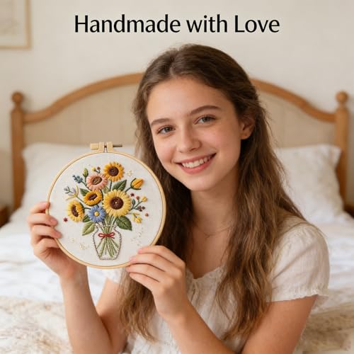 BoAn Sunflower Embroidery Kit for Beginners, DIY Cross Stitch Kit with Hoop - color: muqinjie-2
