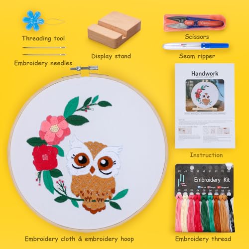 BERYA Owl Embroidery Kit, Embroidery Kit for Adult, Owl Pattern Practice Kit, Including Video Step by Step Instructions, Embroidery Hoop, Cloth, Needles and Thread for DIY Craft Lover (BEO013) - color: owl yellow