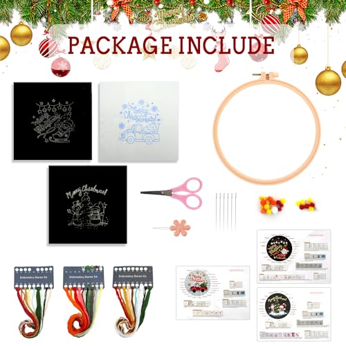 3 Sets Christmas Embroidery Starter Kit with Pattern for Beginners, Embroidery Kits with Christmas Pattern, Cross Stitch Set with Plastic Embroidery Hoops, Color Threads, Tools and Instructions - color: Xmas Black White