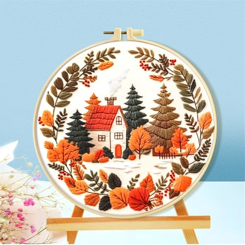 Huacan Embroidery Kit for Beginners Adults Includes Stamped Flower Pattern, Hoop, Color Threads,Tools,Easy to Follow Instruction (House)