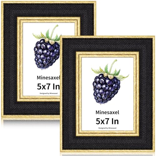 5x7 Picture Frame - Black Fabric & Vintage Gold Border HD Real Glass with Easel for Tabletop/Wall (Family Photos, Modern Decor 2 Pack) - color: Black-2pcs, size: 5x7