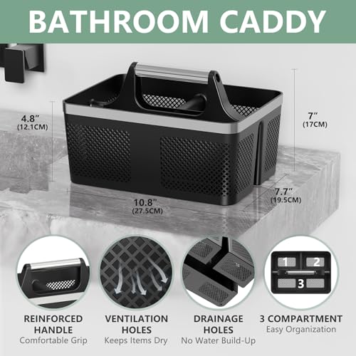 BYUNER 2Pack Shower Caddy Dorm: Portable Bathroom Caddy Organizer with Handle, Plastic Hard Shower Basket Storage Tote for Toiletry, Drainage, College Dorm Room Essentials, Black - color: 2 Pack Black/Silver
