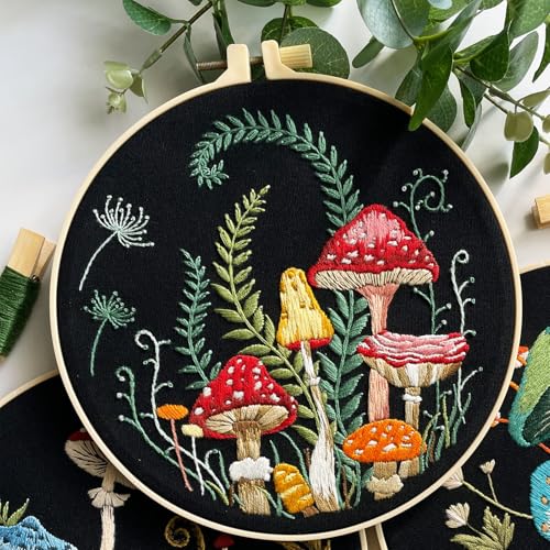 Myfelicity Embroidery Kit with Mushroom Patterns, 3 Hoops, Fabric, Threads, Needles, Instructions (red) - color: red