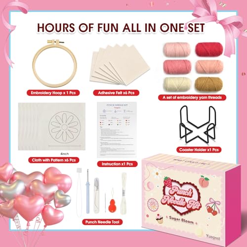 yuegool 6PCS Punch Needle Coaster Kit,Easy DIY Embroidery Set for Beginners, Kids & Adults with Patterns, Tools, Yarns, Hoop, Instructions & Coaster Holder - color: sugar bloom, size: 4-inch diameter