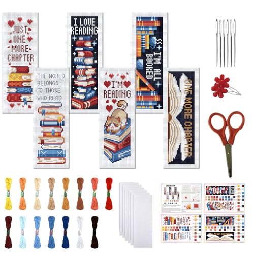 FREEBLOSS 6 Set Cross Stitch Bookmark Kit 11CT DIY Cross Stitch Kits Books Pattern Stamped Embroidery Kit with Instructions Bookmark Making Set for Adult Beginners 8x2.4inch