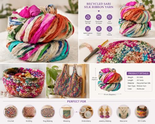 Knitsilk Recycled Shibori Sari Silk Ribbon Yarn- Great for Rug Making, Crochet, Knitting, Embroidery, and Jewelry Making |Sustainable and Unique Texture Ribbon Yarn|50 GMS-30 Yards-Multicolor |