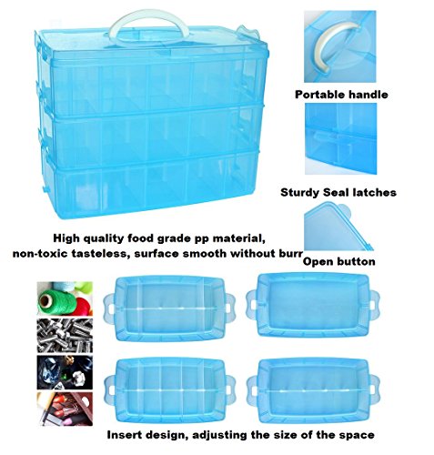 Kamay's Extra Large 3 Tier Stackable Adjustable Compartment Slot Bead Craft Jewellery Tool Storage Organiser Snap-lock Tray Container, with 30 Compartments, Container Box, Blue - style: Extra Large 3 Tier 30 Compartments Blue