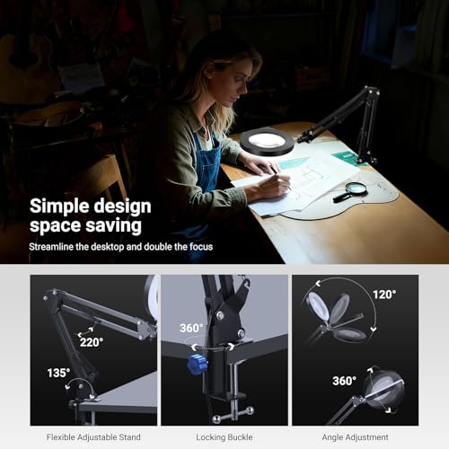 NEEWER Entry Level Version 10X Magnifying Glass with Light & Clamp Stand, 6.3" Bi Color Dimmable Magnifier Lamp LED Ring Light CRI80+ for Desk Crafting Reading Close up Work, N19 - style: N19