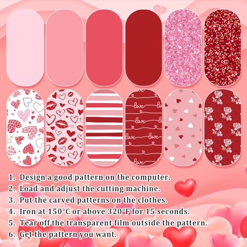 JarThenaAMCS 12 Sheet Valentine’s Day Heat Transfer Vinyl Glitter Pink Red Iron on Vinyl Heart Lip Printed HTV Adhesive Craft Vinyls for Mother's Day Wedding Clothing Costume DIY Fabric Craft - style: Valentine