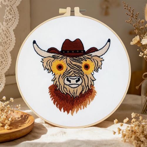 Highland Cow Embroidery Kits for Beginners Adults, Animal Hand Embroidery Starters Kits, Stamped Cross Stitch Kits DIY Needlepoint Kits for Beginners Adults, Embroidery Hoop, Thread and Video Tutorial - color: H2080, size: 8Inch