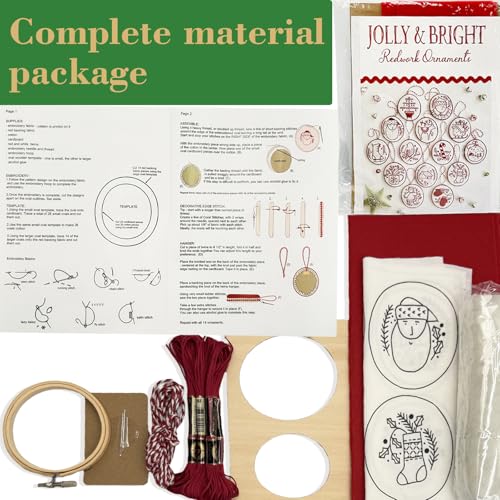 liqiaofang Jolly and Bright Hand Embroidery Christmas Ornaments Kit with DIY Material Package for Beginners Adults, Christmas 3D Novice Embroidery Needlepoint Starter Kit (A)