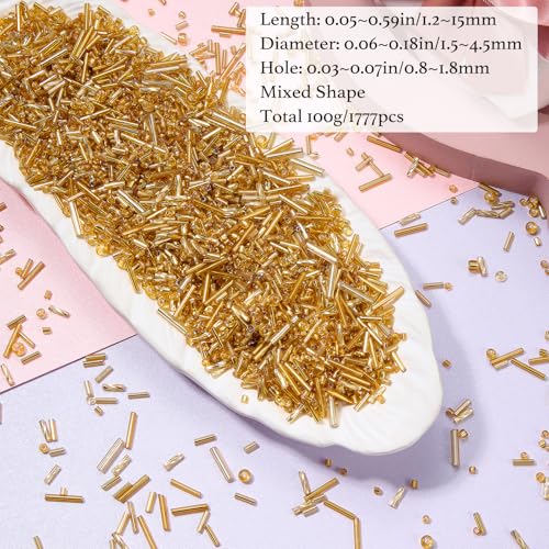 Ornaland Glass Bugle Beads Bulk, Long Embroidery Beads, Gold, 100g - color: Goldenrod