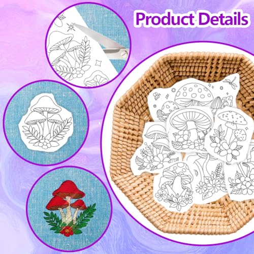ORIGACH 4 Sheets Large Water Soluble Embroidery Patterns Stabilizers - Pre-Printed Mushroom, Moon, Star & Flower Hand Sewing Stabilizers- Stick & Stitch Embroidery Patterns for Hand Sewing Beginner - color: Mushroom Moon Star & Flower