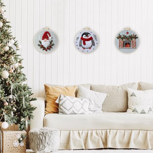 EOBTAIN 3 Pcs Funny Christmas Embroidery Kit for Beginners,Red Gnome and Penguin Embroidery Starter Kit Winter Xmas Fireplace Stamped Patterns with Hoop,Thread,Needles,Hand DIY Craft Kits for Adults - color: Red White