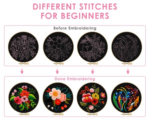 TINDTOP 4 Pack Embroidery Kit for Adult, Embroidery DIY Starter Kit, with Stamped Patterns, Hoop, Tools, Colorful Threads with Needles, Instructions - color: Flowers B