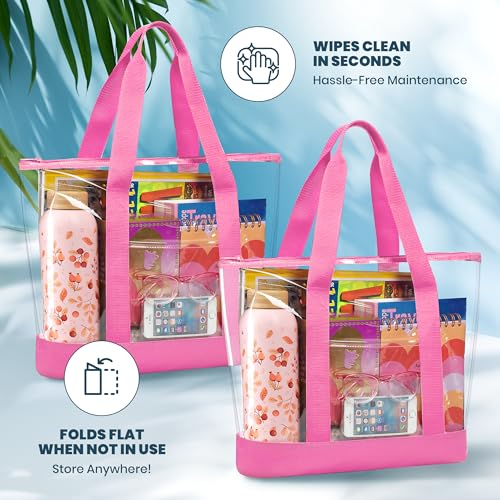 Handy Laundry Clear Tote Bag - Zipper Closure, Long Shoulder Strap, Fabric Trimming. - color: Pink