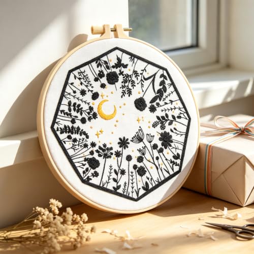 Mystical Embroidery Kits for Beginners Adults, Moon Wild Flowers Embroidery Starter Kit, Floral Stamped Cross Stitch Kits Needlepoint Kits for Beginners Adults, Embroidery Hoop, Thread, Video Tutorial - color: H2122