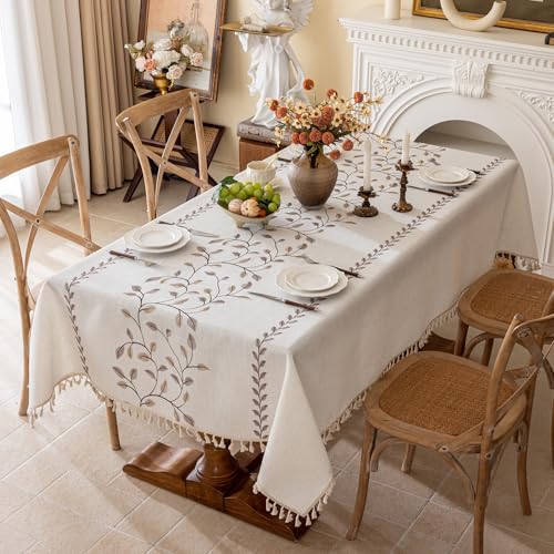 Joyfol Day Rectangle Linen Tablecloth, Heavy Duty Waterproof Tablecloths, Farmhouse Embroidery Leaves Table Cloth with Tassels, Soft Wrinkle Free Table Cover, Coffee Vines, 55''x 70'' - color: Coffee Vines, size: 70" x 55" (Rectangular)
