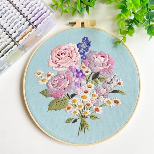 Silentsea Embroidery Kit, Floral and Nature Designs, 3-Pack with Hoops, Needlework Pattern Set (Flower-2) - color: flower-2