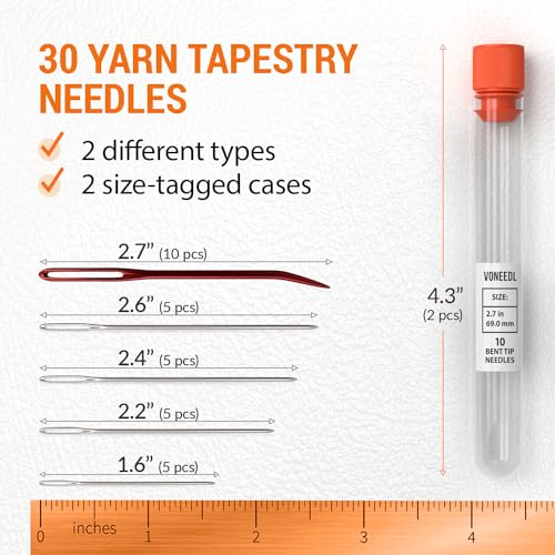 VONEEDL 30 PCS Yarn Big Eye Needles Set - Bent and Straight Blunt Tip Needles for Tapestry, Darning, Sewing Wool, Weaving, Crochet - size: 30 pcs - 5 sizes