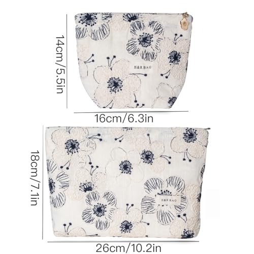 Embroidery Craft Makeup Bag with Zipper Floral Makeup Pouch 10×7 Inch - color: White and Black Flower