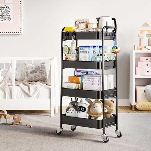 TOOLF 4 Tier Metal Rolling Cart, Utility Storage Cart with Wheels, Black - color: Black, size: 4-Tier
