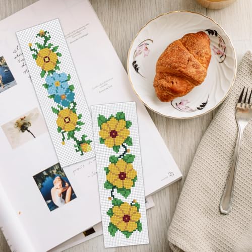 INFUNLY 6 Set Cross Stitch Bookmark Kit Rose Flower DIY Cross Stitch Kit 8"x2.4" Pre-Printed Sunflower Stamped Embroidery Bookmark with Instruction for Beginners Book Lovers Adults Craft Gift - style: Flowers