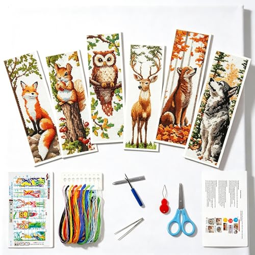 Zhenqing Woodland Animal Stamped Cross Stitch Bookmark Kit, 6 Fox, Squirrel, Owl, Deer and Wolf Designs on 11CT Printed Fabric for Adults and Beginners, DIY Reading Gift for Book and Nature Lovers - color: Animal-Themed Bookmarks