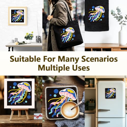 DOODLREAM Color Jellyfish Needle Kit for Beginner, 9.4"x 9.4" Marine Life Punch Stitching Craft Set, Color DIY Embroidery Starter with Printed Frame, Instruction, Threader, Yarn, Pinch Needle - color: Jellyfish