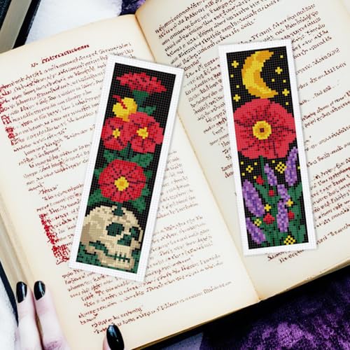INFUNLY 6pcs Gothic Rose Cross Stitch Bookmark Kits for Adults Bat Skull DIY Cross Stitch Kit with Instructions Pre-Printed Moon Flowers Stamped Embroidery Bookmark Kit for Book Lovers Readers Gift - style: Gothic Rose