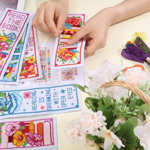 ORIGACH 6 Pcs Cross Stitch Bookmark Kit for Beginner Book Flower Stamped Embroidery Stitch Kits for Starter DIY Bookmarks Printed Cross Stitch Kits for Book Lovers - style: Book and Flower