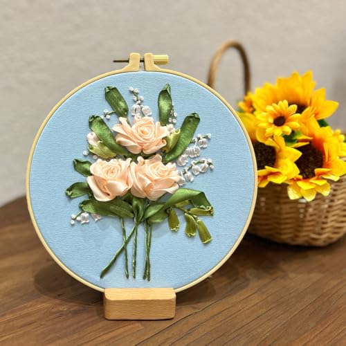 FONNUY Ribbon Embroidery 3D Flowers Pattern Design Kit Embroidery DIY Handwork Set Oval Home Decoration (Champagne Rose) - style: Champagne Rose