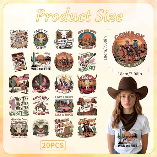 20 Sheets Western Cowboy Iron on Transfers for T-Shirts - style: Western Cowboy