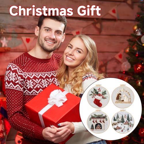 TPZBWG Christmas Embroidery Kit, 4 Pack Cross Stitch Kits,DIY Embroidery Starter Kit for Adults & Beginners, DIY Needlepoint Kit with Embroidery Hoop Thread Needle for Craft Lover Birthday Gifts 1 - color: Christmas-4 Set1