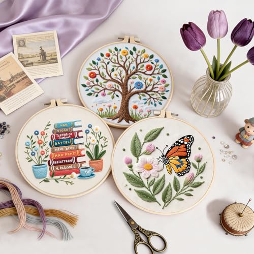 Uniartfy 3 Set Embroidery Kit for Beginners, Butterfly Tree Book Patterns - color: Embroidery Kit-C