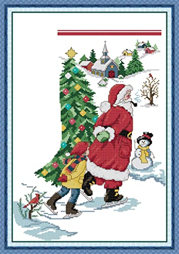 Howie's Needlepoint Cross Stitch Kits, 14CT Pre-Printed Christmas Pattern Embroidery Kits, Full Range of Stamped Starter Needlework Kits (Ice-Skating Santa Claus, 13 x 18.5inch) - color: Ice-Skating Santa Claus
