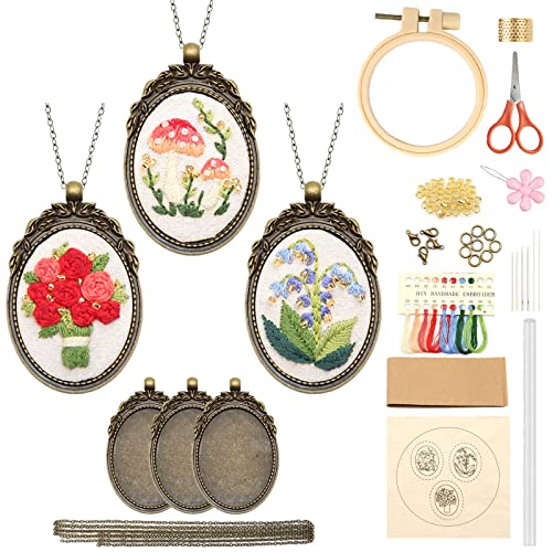 ZOCONE 3 Packs Embroidery Necklace Kit, Embroidery Pendant Kits Mini Cross Stitch Kit with Hoop, Necklace, Pendant, Beads, Stamped Pattern Cloth, Instructions, etc., Embroidery Kits for Adults - color: Gold Beads-F