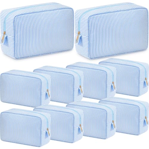 Sanwuta 10 Pcs Seersucker Cosmetic Bag Seersucker Makeup Bag Women Stripe Large Travel Toiletry Organizer Preppy Storage Pouch for Embroidery Wedding Bridesmaid Bride Mom (Light Blue) - color: Light Blue