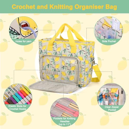 Aeelike Yarn Storage Bag Organizer, Large Crochet Tote Bag, Yellow Lemon - color: Yellow Lemon