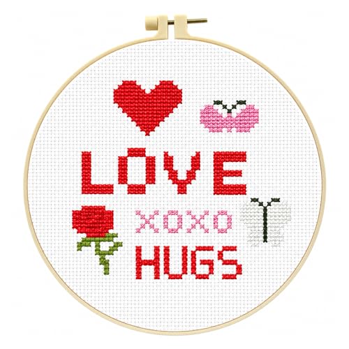 Zhenqing Love & Hugs Cross Stitch Kit for Beginners, 11CT Printed 20x20cm with 16cm Hoop, Heart Rose & Butterfly Embroidery Set(70839) - color: Love & Hugs