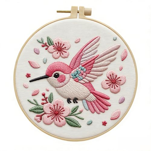 JJFox Embroidery Kit for Beginners and Adults, DIY Hand Embroidery Starter Kit with Cute Pattern, Cross Stitch Needlepoint Set with Hoop, Threads and Instructions (Hummingbird) - color: Hummingbird