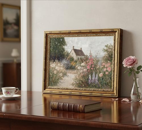 Gold Framed Farmhouse Cottage Canvas Wall Art Vintage French Country House Floral Landscape Paintings Pictures Wall Decor Posters Prints Artwork for Bedroom Office Gallery Home Decoration - color: Cottage, size: 16"L x 12"W