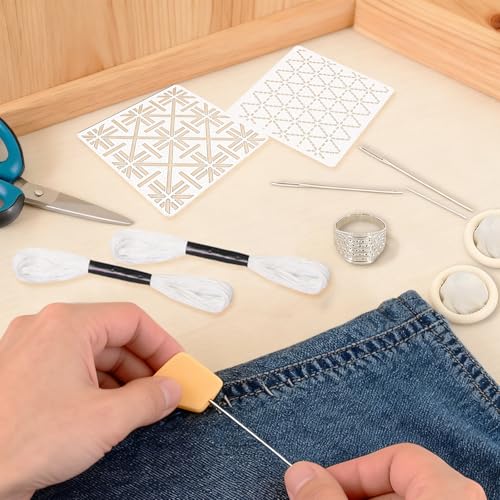 31 PCS Sashiko Stencils Kit with 3.9 x 3.9 Inch Geometric Sashiko Pattern(30PCS) and Needles Thread Tool Kit for Beginners Hand Quilting Mending and Embroidery - size: 3.9 x 3.9 (31PCS)