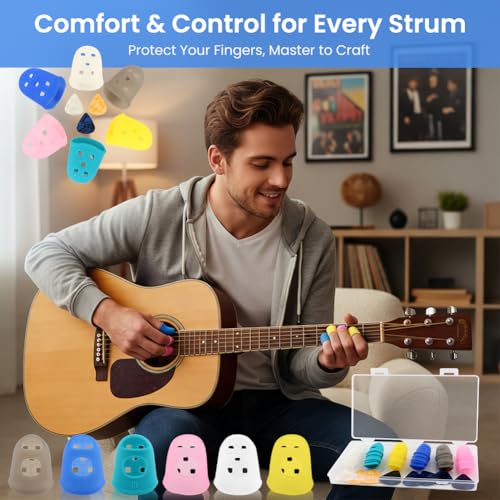 38 pcs Guitar Fingertip Protectors, 5 Sizes Silicone Breathable, Flexible Thimble Finger Pads Grips and 8 Guitar Picks, for Beginner Playing, Ukulele, Banjo, Mandolin